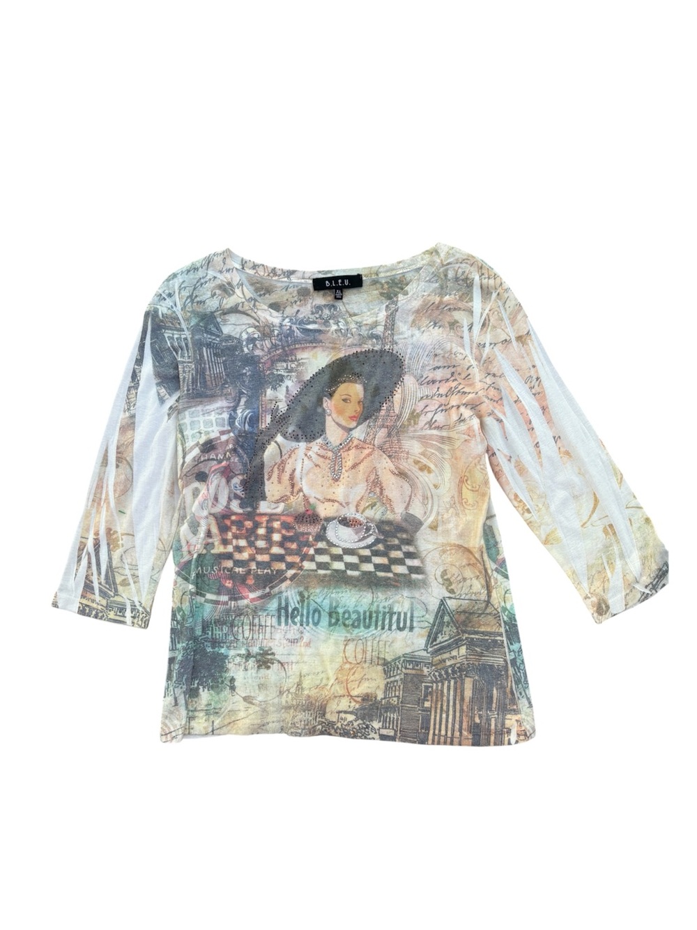 Y2K Euro Print 3/4 Sleeve Top Abstract Burnout